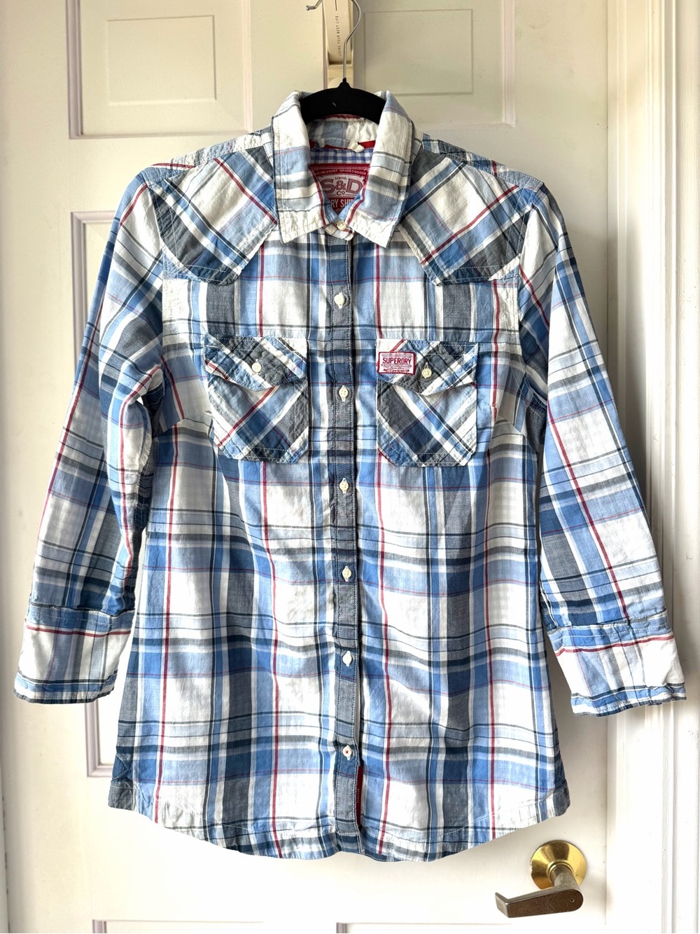 Superdry Blue, White & Red Plaid Button-Down Shirt Size Small
